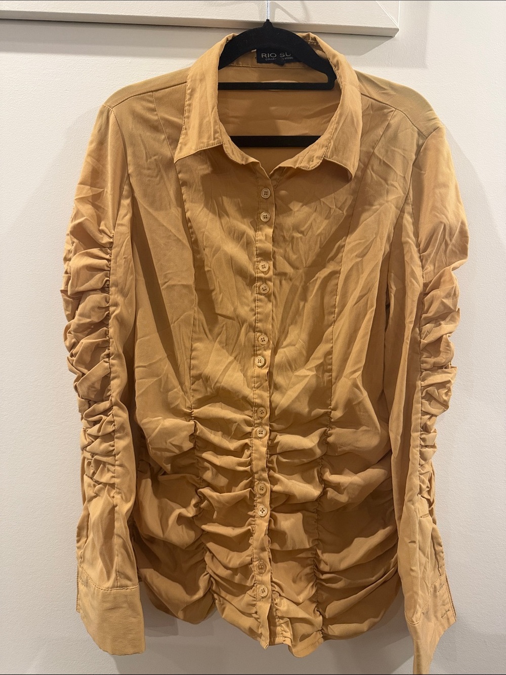Mustard Ruched Button-Down Shirt